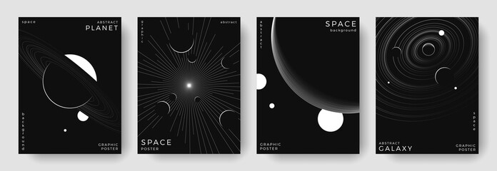 Set of abstract space astronomy backgrounds. Line art galaxy, universe, planet, solar system. Science future concept. Cosmic minimalist design for cover, poster, layout, banner, flyer, brochure © Anastasiya Stoma