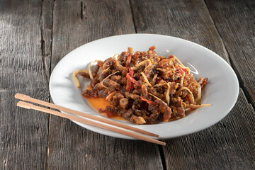Sichuan Pork Stir Fry with vegetables. Chinese food. Food concept