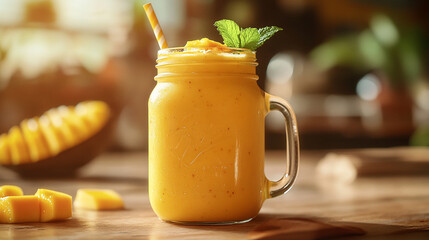 A tropical mango smoothie in a mason jar garnished with