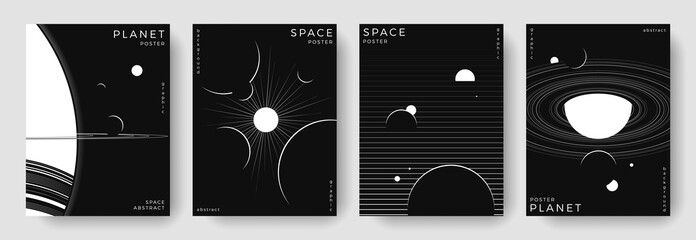 Set of abstract space astronomy backgrounds. Line art galaxy, universe, planet, solar system. Science future concept. Cosmic minimalist design for cover, poster, layout, banner, flyer, brochure © Anastasiya Stoma