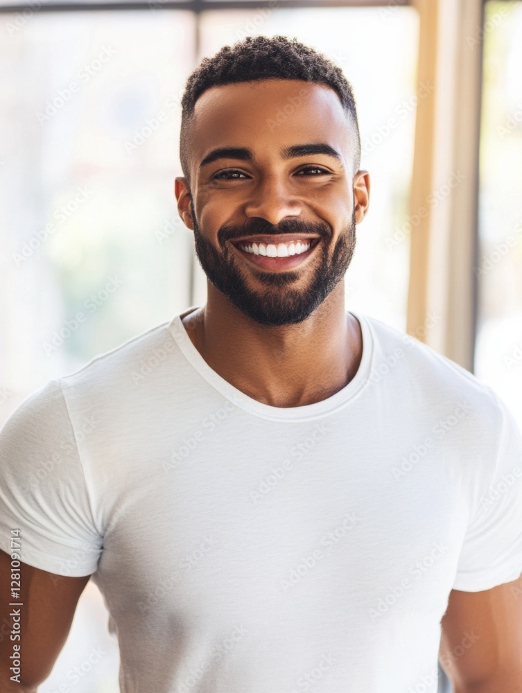 Aufkleber smiling man with a stylish haircut poses indoors near large windows during daytime with natural ligh