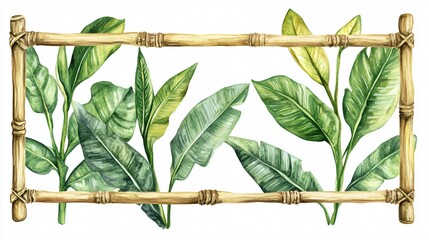 Watercolor Painting of Tropical Leaves in Bamboo Frame