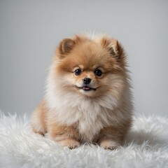 "A tiny Pomeranian puppy with fluffy fur sitting on a pure white background."