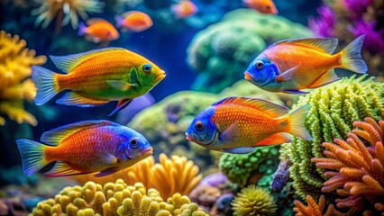 Fototapeta premium Vibrant Reef Inhabitants A Colorful Underwater Scene Featuring Diverse Fish Species Swimming Amongst Lush Coral and Aquatic Plants