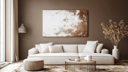 Fototapeta premium A comfortable living room featuring a contemporary sectional sofa, decorative cushions, a simple table, and a dried leaf floral arrangement in shades of Mocha Mousse.