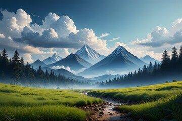 painting of a mountain landscape with a stream running through it