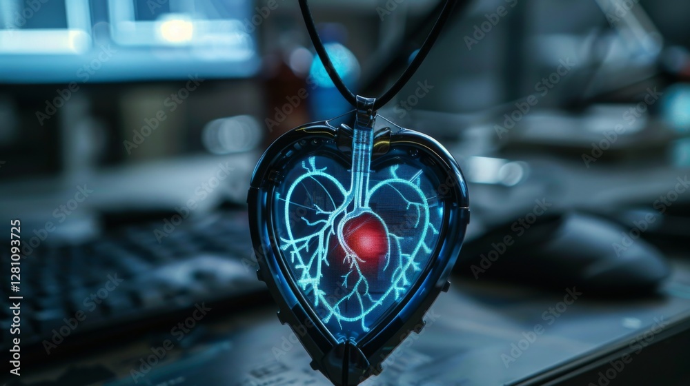 Aufkleber a device designed for mental health therapy displays a glowing heart within a detailed vascular illu