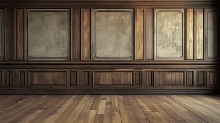 Old building with wooden parquet floor, wooden wainscoting panels and wallpaper.