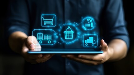 Businessman Holding Tablet with Customer Delivery Icons on Dark Background