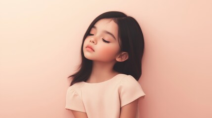 Obraz premium A young girl stands upright with her eyes shut, embodying innocence and tranquility in a serene moment of contemplation or imagination.