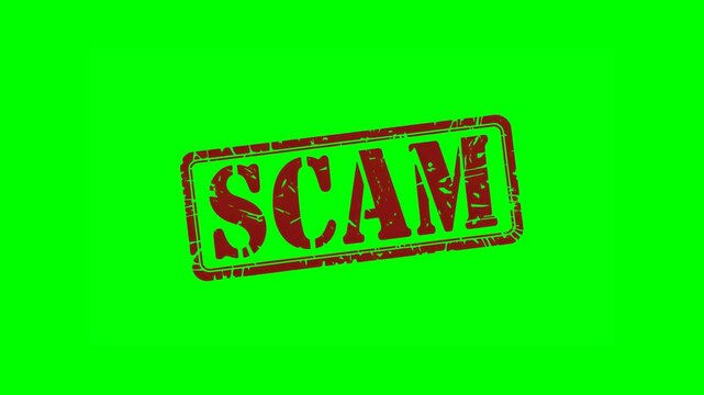 Animated "SCAM" rubber stamp seal with bold red text, featuring a zoom and hit effect on a green screen background for fraudulent activities, warnings, and cautionary notices