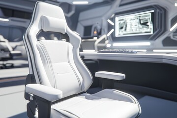 A sleek home office environment with an ergonomic chair that automatically adjusts and a desk featuring a digital assistant for managing tasks, embodying a high-tech work setup in minimalist style