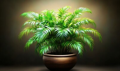 Obraz premium Lush green indoor plant in a wooden pot, beautifully lit against a dark background, enhancing tranquility