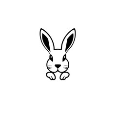 Minimalist Black and White Cartoon Rabbit Portrait on White Background.