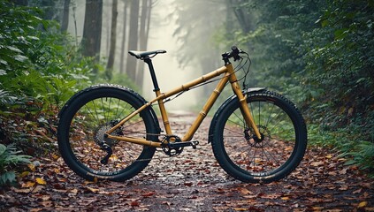 Fototapeta premium Bamboo mountain bike parked on a misty forest trail surrounded by lush greenery and fallen leaves