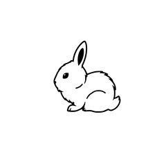 A minimalist illustration of a sitting rabbit, in a minimal, black and white line art style, set against a pure white background.
