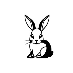 Black and white illustration of a sitting rabbit, focusing on its expressive eyes, and a minimal, clean background.