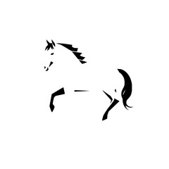 Geometric monochrome image of a horse running against a white backdrop, in a minimalist style.