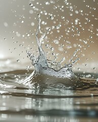 A dynamic and intimate candid photography shot capturing the mesmerizing beauty of water in motion, featuring a burst of splashing water droplets suspended in mid-air.