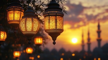 The silhouette of a mosque at sunset, with rows of hanging lights illuminated against the sky.