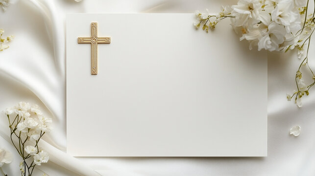 Elegant Christian wedding invitation with a gold cross and floral decorations