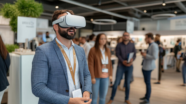 man wearing virtual reality goggles at technology exhibition, exploring immersive experiences. atmosphere is lively with attendees engaged in discussions