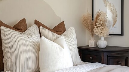 Close-Up Shot of Bedroom Headboard and Stylish Mirror Décor