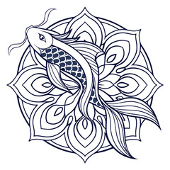 Koi Fish Mandala Art: Detailed Line Art Illustration of Japanese Carp in Lotus Flower Design, Coloring Page Style, Vector Graphic
