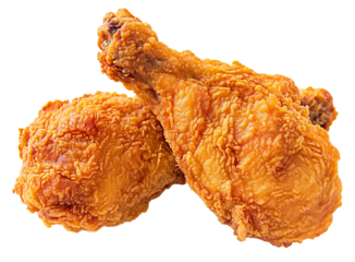 2 large chicken Legs batter and deep fried isolated on transparent background. fried chicken is a dish consisting of chicken pieces that have been coated with seasoned flour or batter.