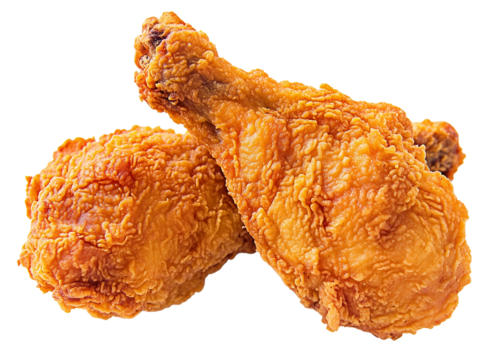 2 large chicken Legs batter and deep fried isolated on transparent background. fried chicken is a dish consisting of chicken pieces that have been coated with seasoned flour or batter.
