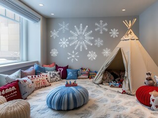 A cozy winter themed childrens playroom design with multiple elements