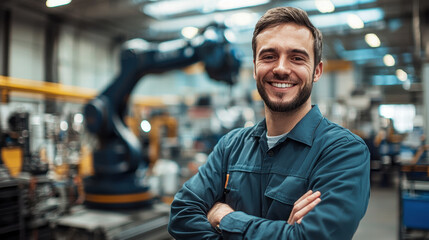 Fototapeta premium Portrait of a smiling professional mechanical engineer, man, Smiling mechanical engineer in factory with robotic arm