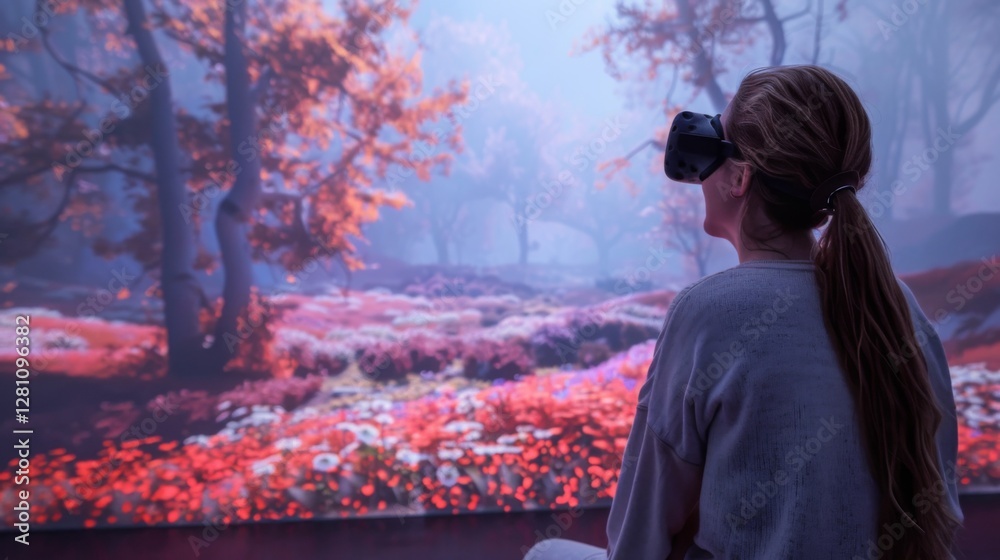 Poster User engages with virtual reality to experience a serene digital environment designed for mindfulness and mental health improvement. The tranquil setting features vibrant flowers and trees.