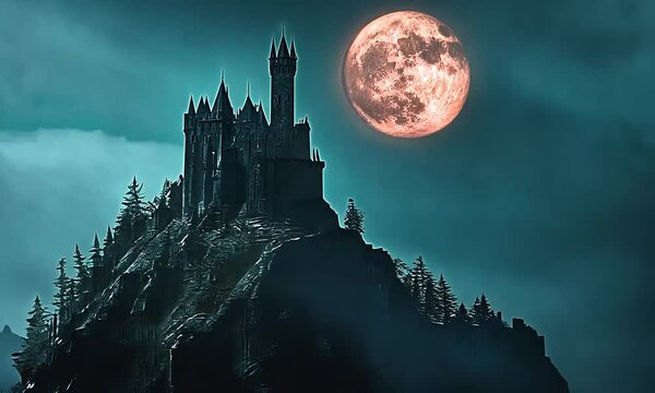 Dracula: Haunted Vampire Castle Perched on a Mountain Under a Misty Full Moon
