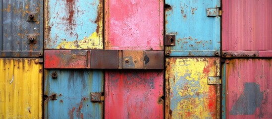 Abstract Colorful Rusty Metal Panels: A Vivid Collage of Weathered Textures