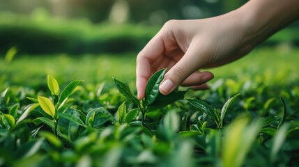 Hand Carefully Plucking Fresh Tea Leaves in Nature Amidst Greenery