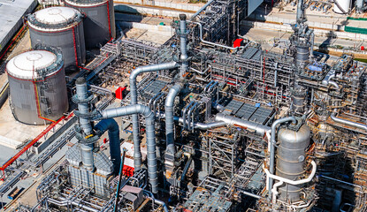 Aerial view oil storage tank with oil refinery.