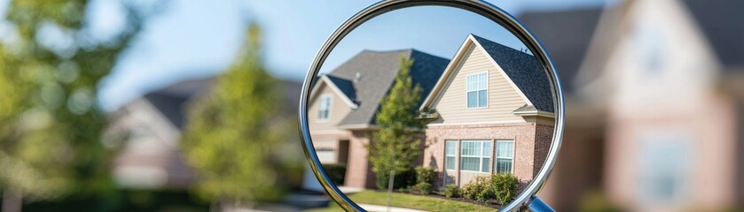 Obraz premium Close-Up View of a Magnifying Glass Focusing on a Residential Home Surrounded by Lush Greenery and Trees