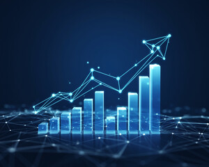 Sharp digital concept image of a glowing bar graph with interconnected lines and dots representing data analysis, growth, and progress in business and technology