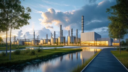A scenic view of an industrial complex at sunset, featuring smokestacks, modern buildings, and tranquil waters surrounded by greenery.