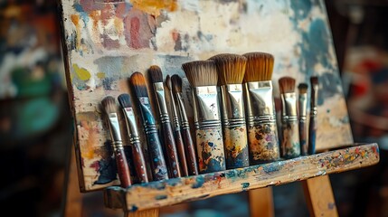Fototapeta premium Paint Brushes Resting on Easel with Colorful Splatters of Artist Palette