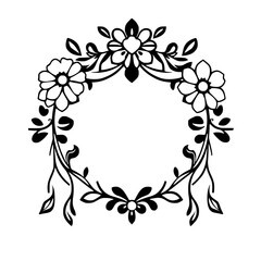 Elegant Black & White Floral Wreath: A Decorative Display of Flowers, Leaves, and Botanical Imagery.