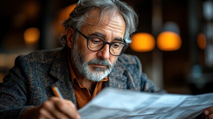 Thoughtful older man reading a newspaper in a cozy cafe with warm lighting and blurred background