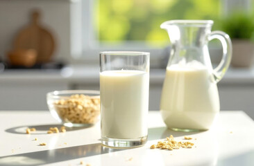 A glass cup and a pitcher of oat milk sit on a light table in a light kitchen.