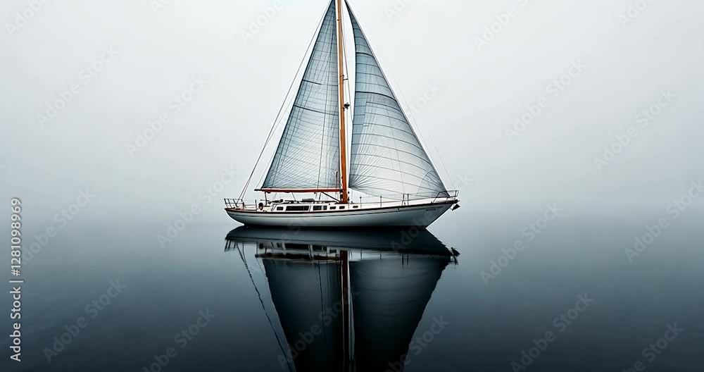 Aufkleber sailboat sailing on calm water in foggy atmospheric conditions with white sky background