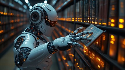 Fototapeta premium The robot’s hand reaching for a book in a library with orange neon accents. 5