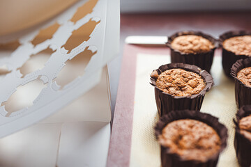 Chocolate and vanilla cupcakes, organic low sugar cupcakes for parties and gatherings, small baking business, green cupcake packaging boxes