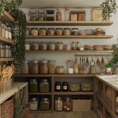 Naklejka premium Organized pantry with jars and containers on wooden shelves surrounded by green plants
