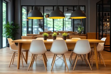 Fototapeta premium Four stylish lamps illuminate a dining table surrounded by elegant white chairs, creating a sophisticated and inviting atmosphere.