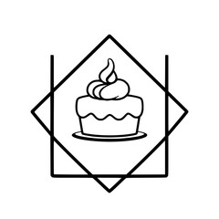 Elegant birthday cake icon within a black diamond frame, white cake, with a swirl of cream.
